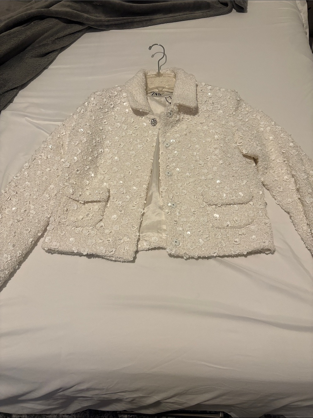 Zara white Sequin Bouclé Cropped Jacket